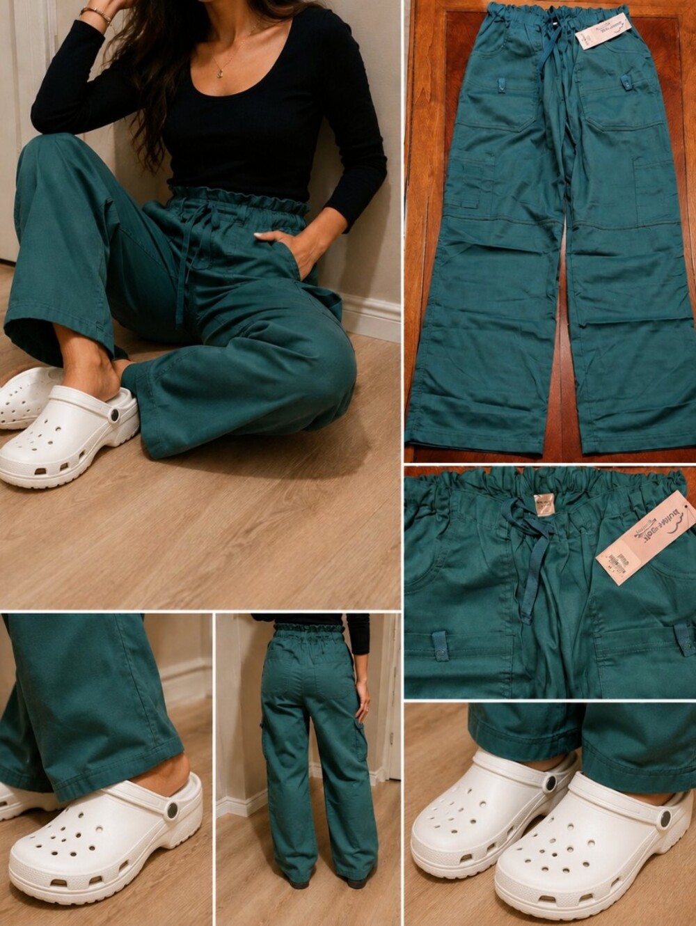 High-Rise Wide Leg Drawstring Pants in Teal Green